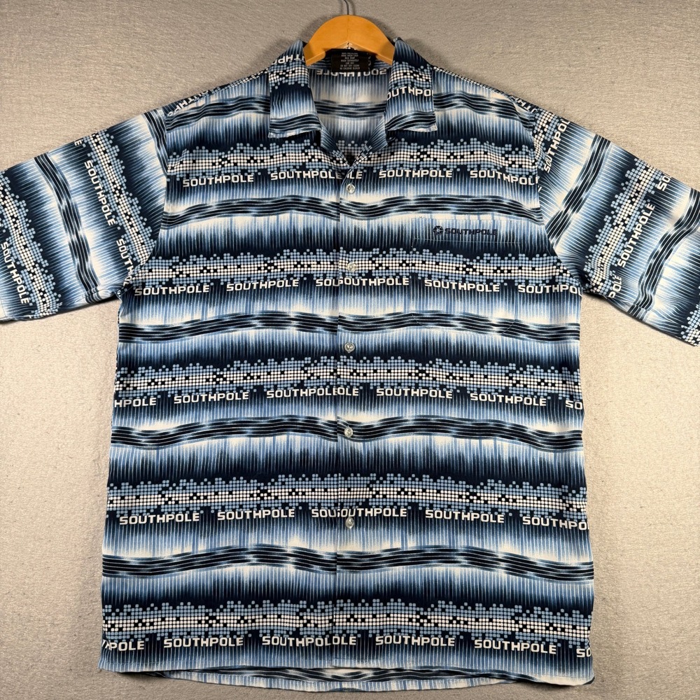 Southpole Mens Blue White Pixel Wave Logo Button Down Shirt Y2K Streetwear Med